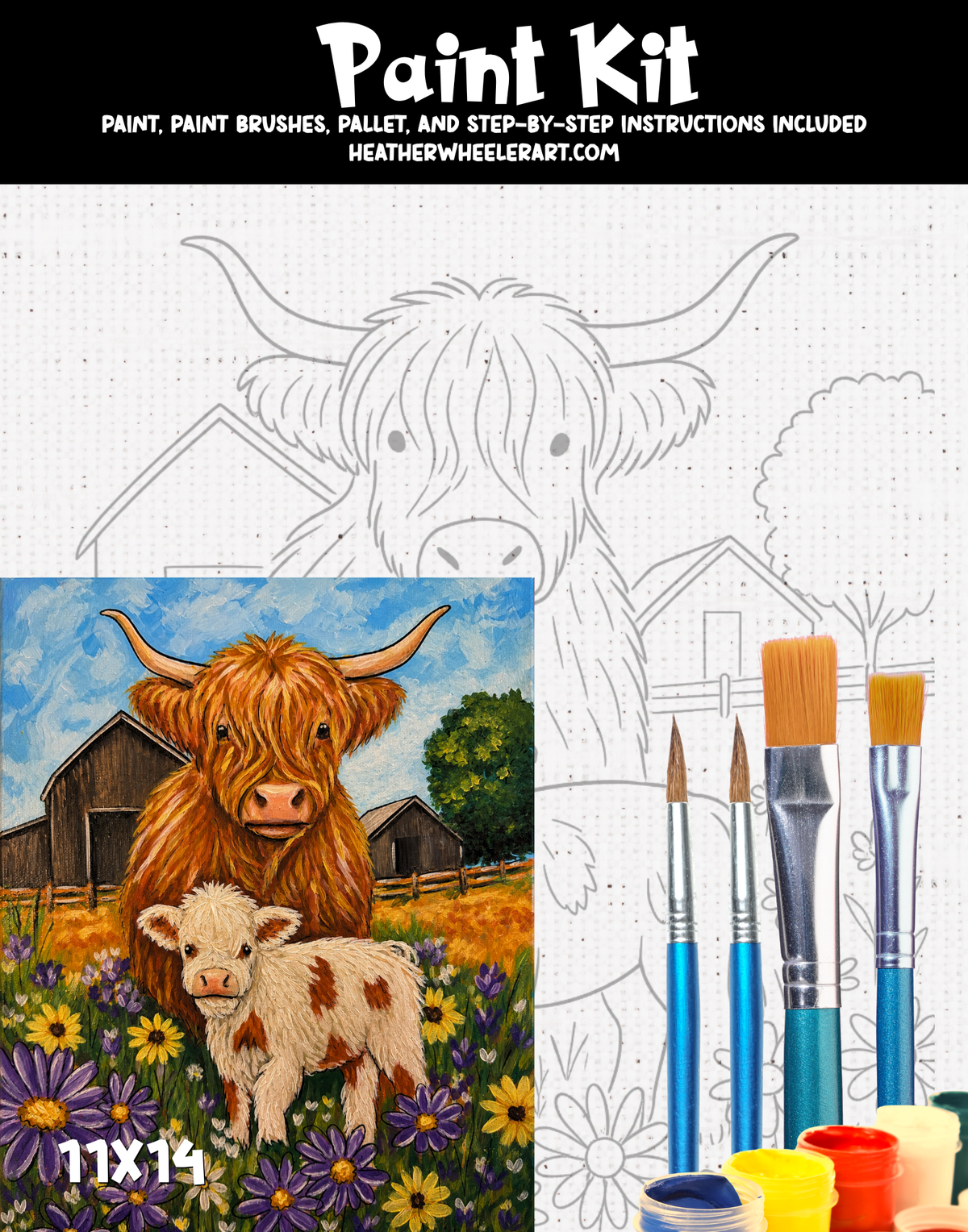 DIY Canvas Painting Kit Highland Cow and Calf - Canvas Original