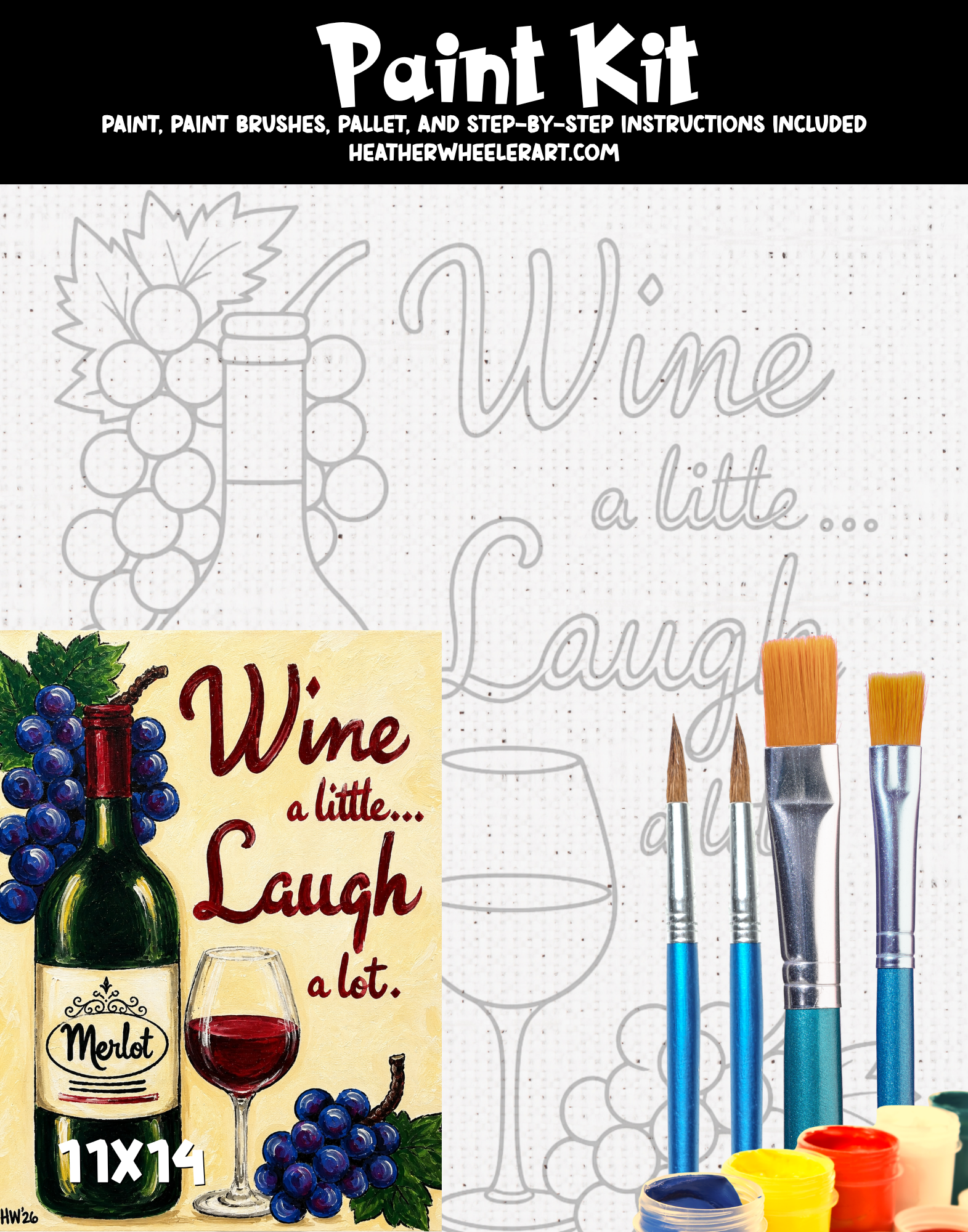 DIY Canvas Painting Kit Wine a little Laugh a lot - Canvas Original