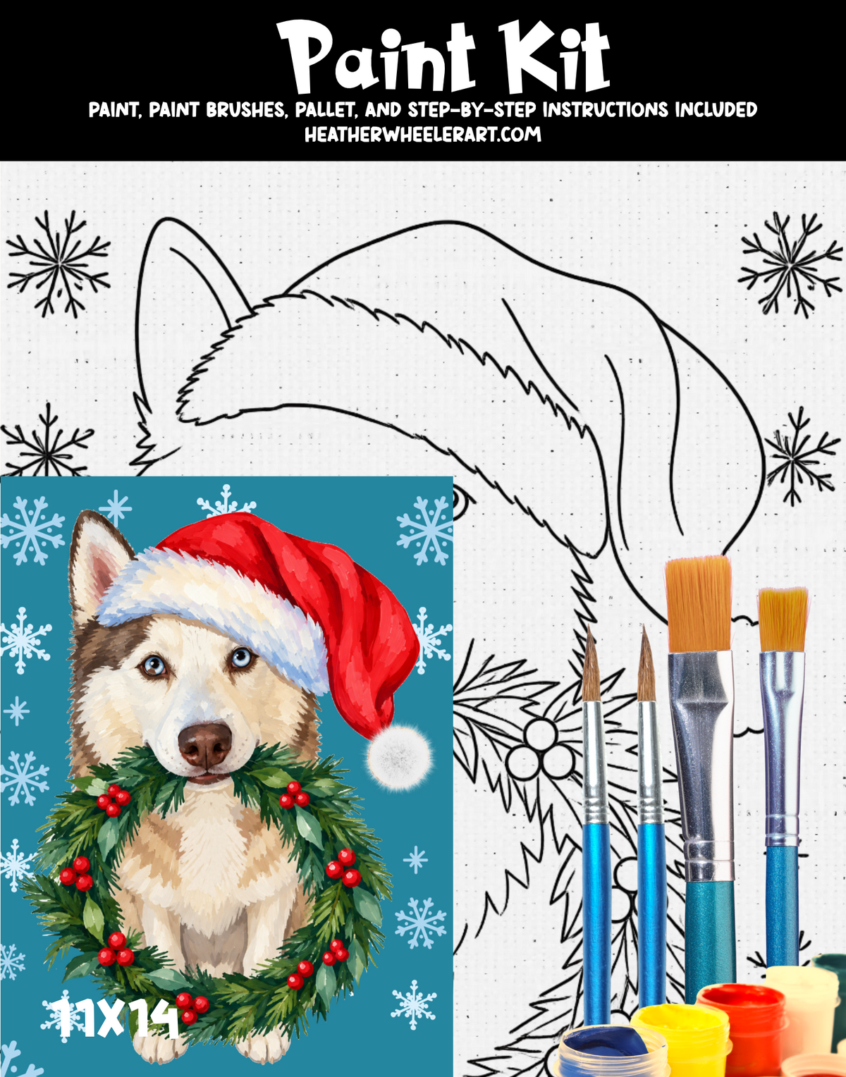 DIY Canvas Painting Kit Christmas Husky with Wreath