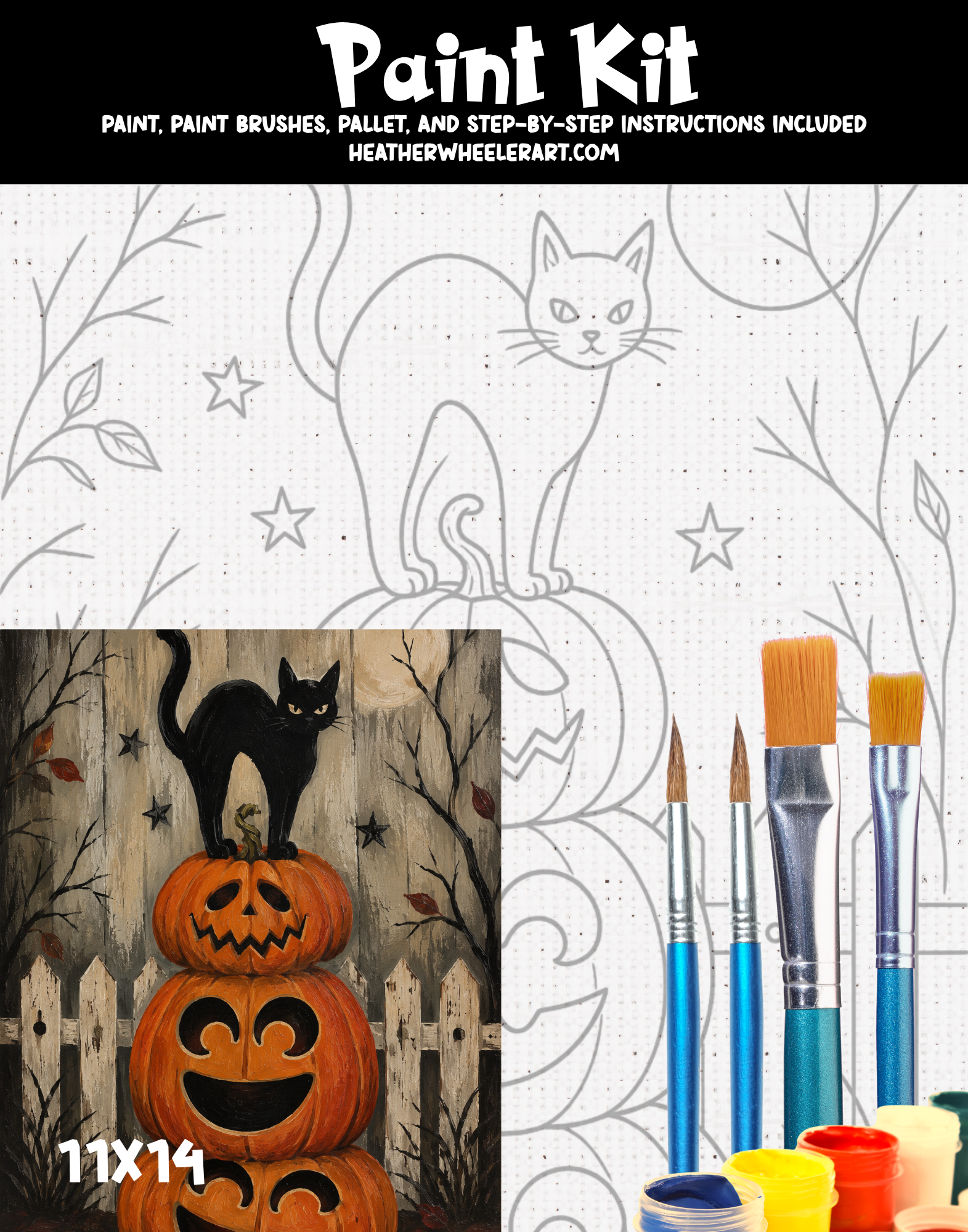 DIY Canvas Painting Kit Cats on Stacked Pumpkins - Canvas Original