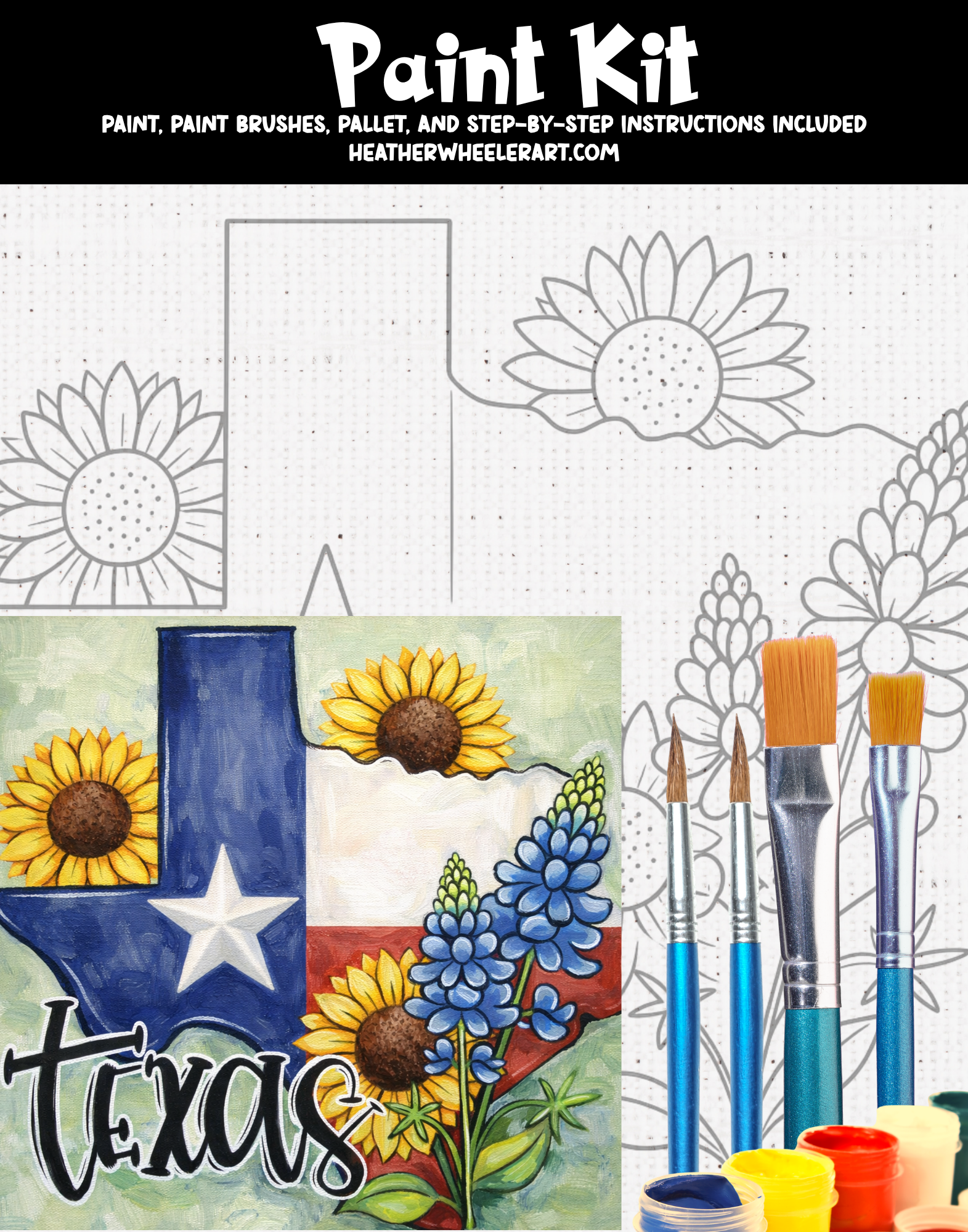 DIY Canvas Painting Kit Texas State Flowers/Flag - Canvas Original