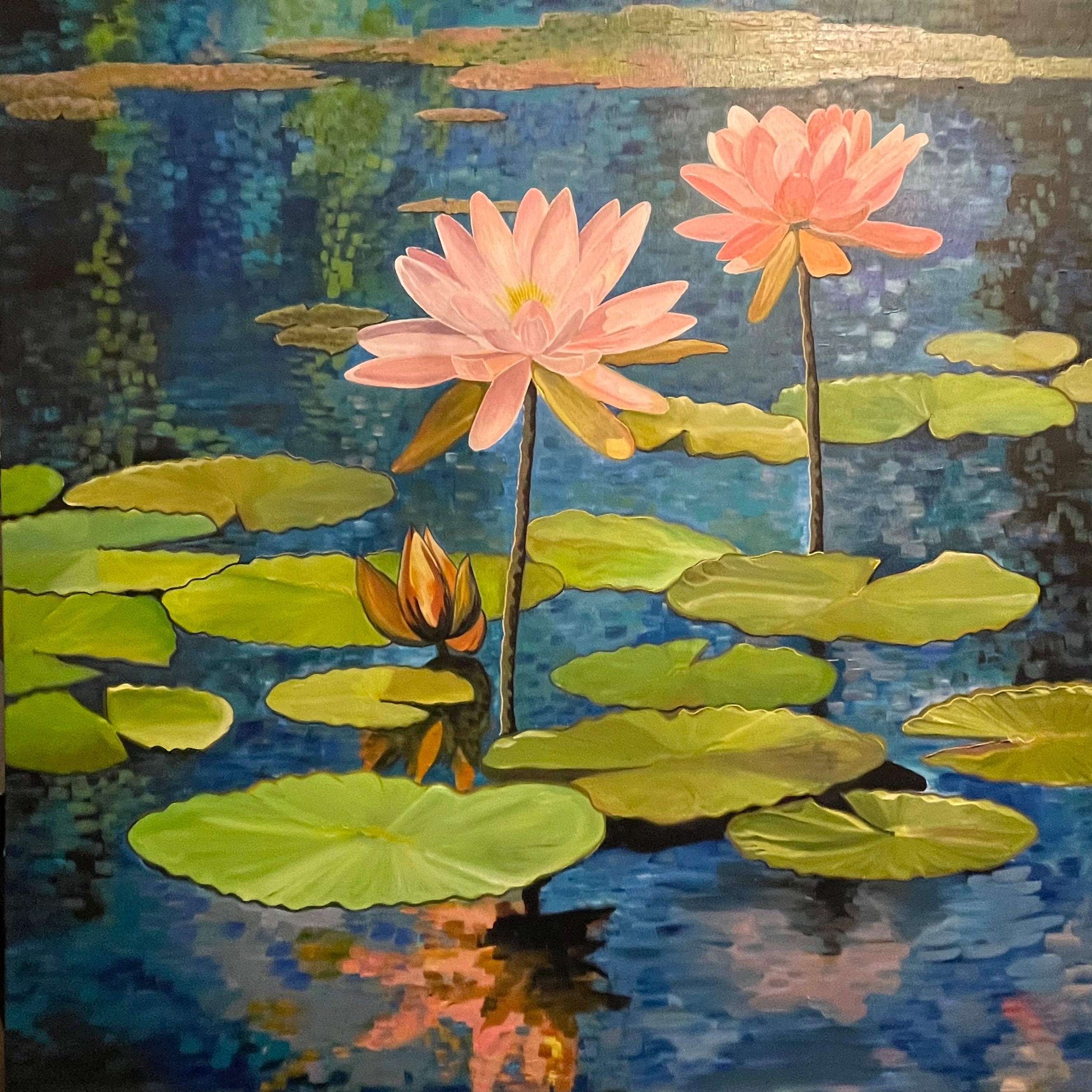 An Original: 36”x36” Pink Lotus Flowers Acrylic on Canvas