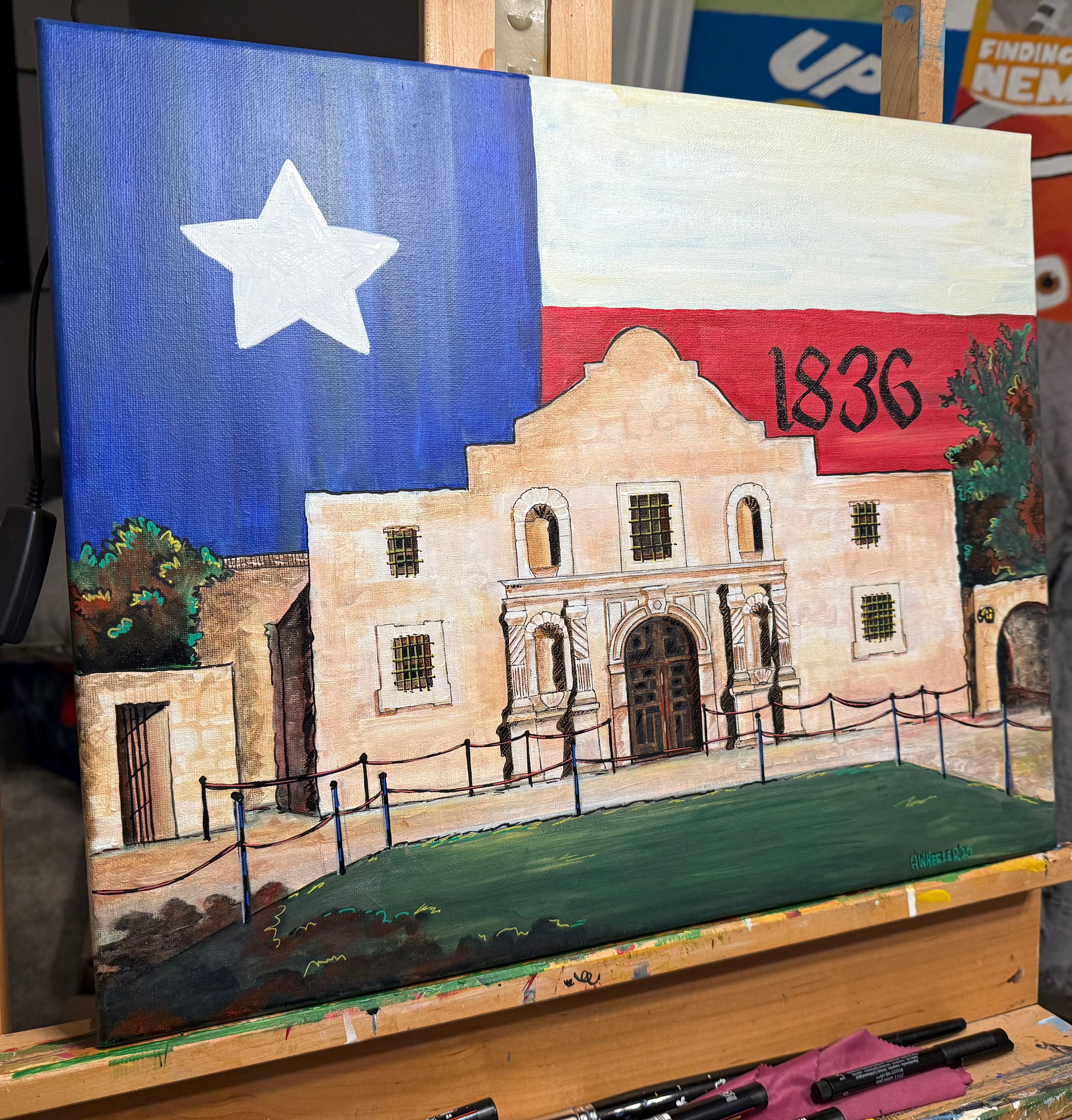 An Original: 18”x24”Framed Alamo with Texas Flag in Acrylic