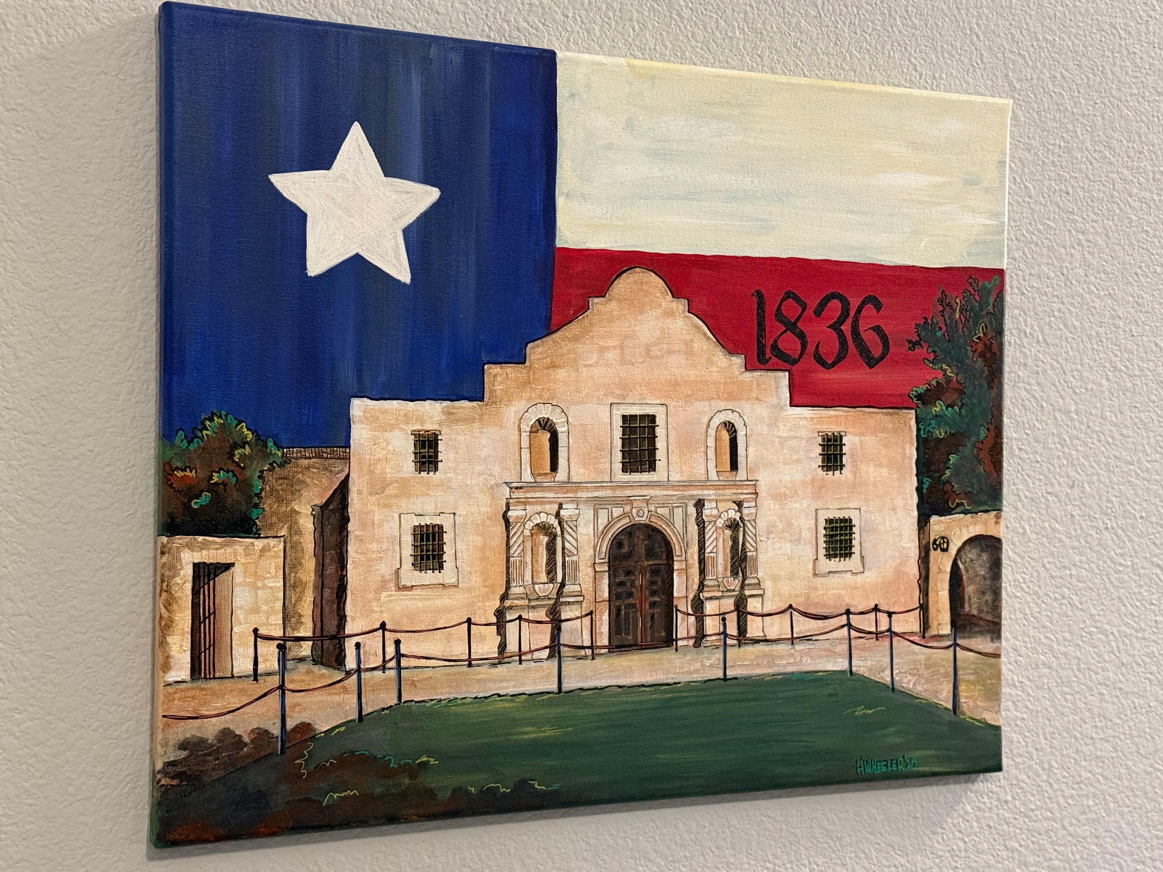 An Original: 18”x24”Framed Alamo with Texas Flag in Acrylic