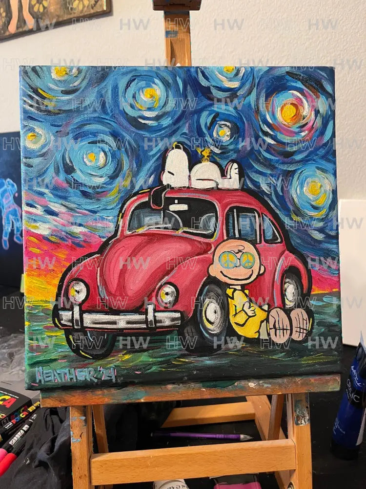 An Original: 12βx12β Starry Night Peace Love and my Bug - Canvas Original