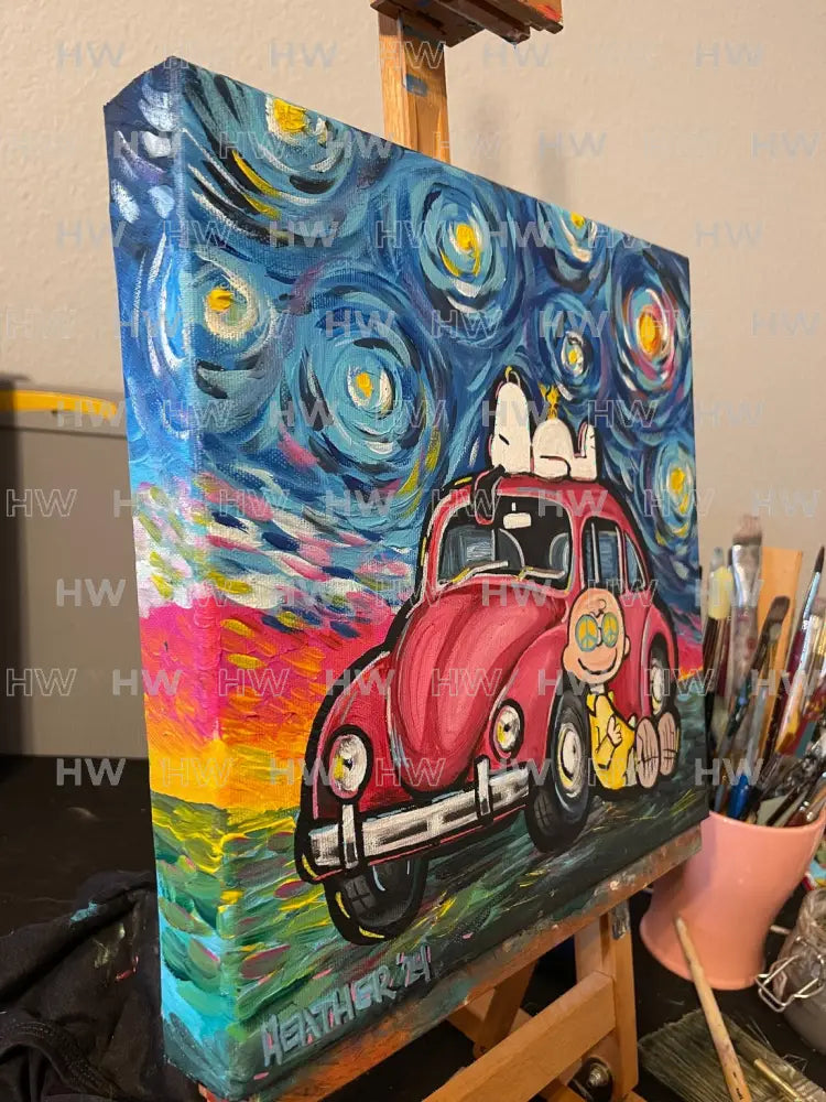 An Original: 12”x12” Starry Night Peace Love and my Bug - Canvas Original