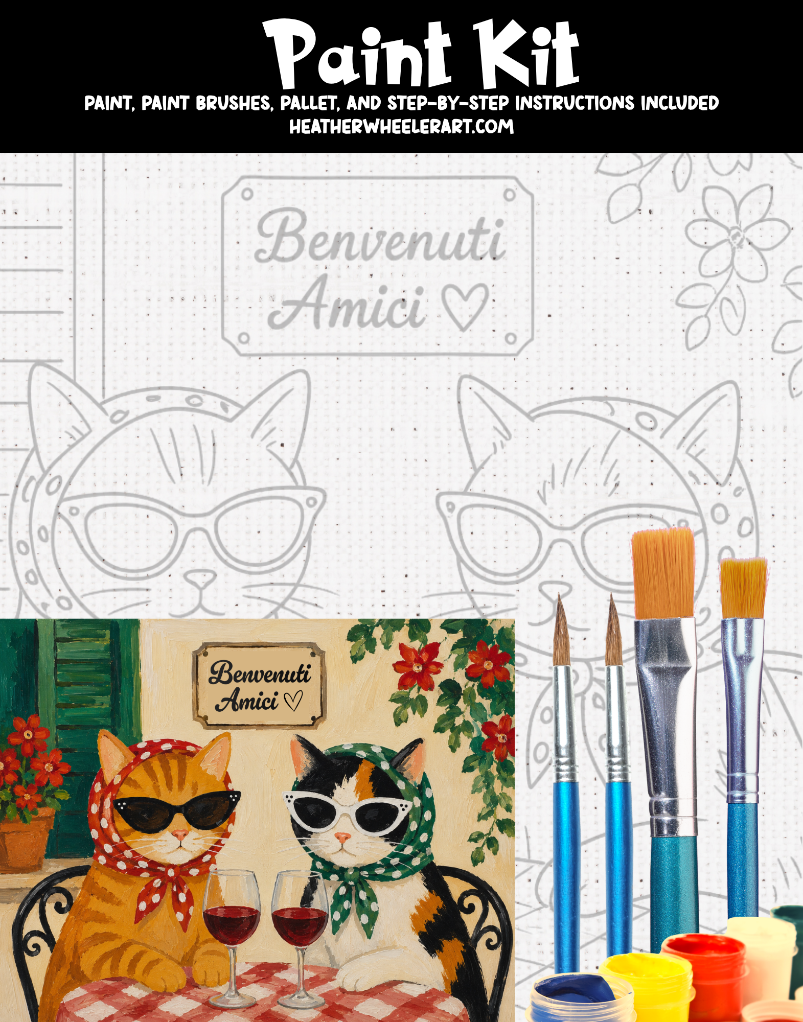 DIY Canvas Painting Kit Friends & Wine Cats - Canvas Original