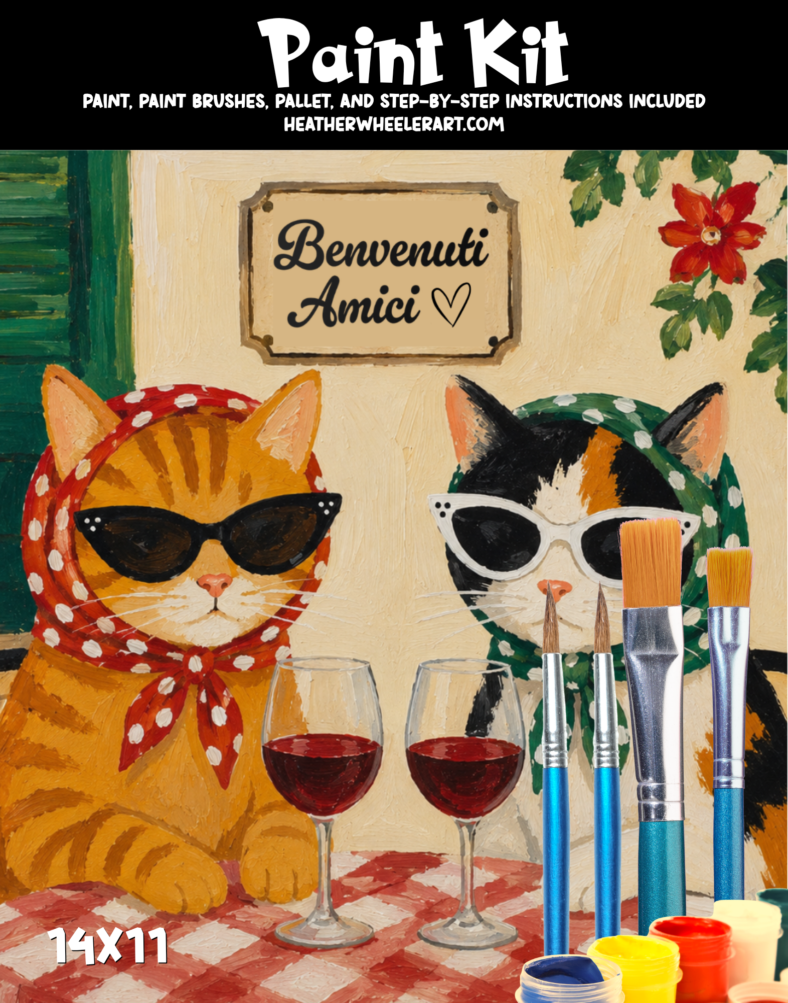 DIY Canvas Painting Kit Friends & Wine Cats - Canvas Original