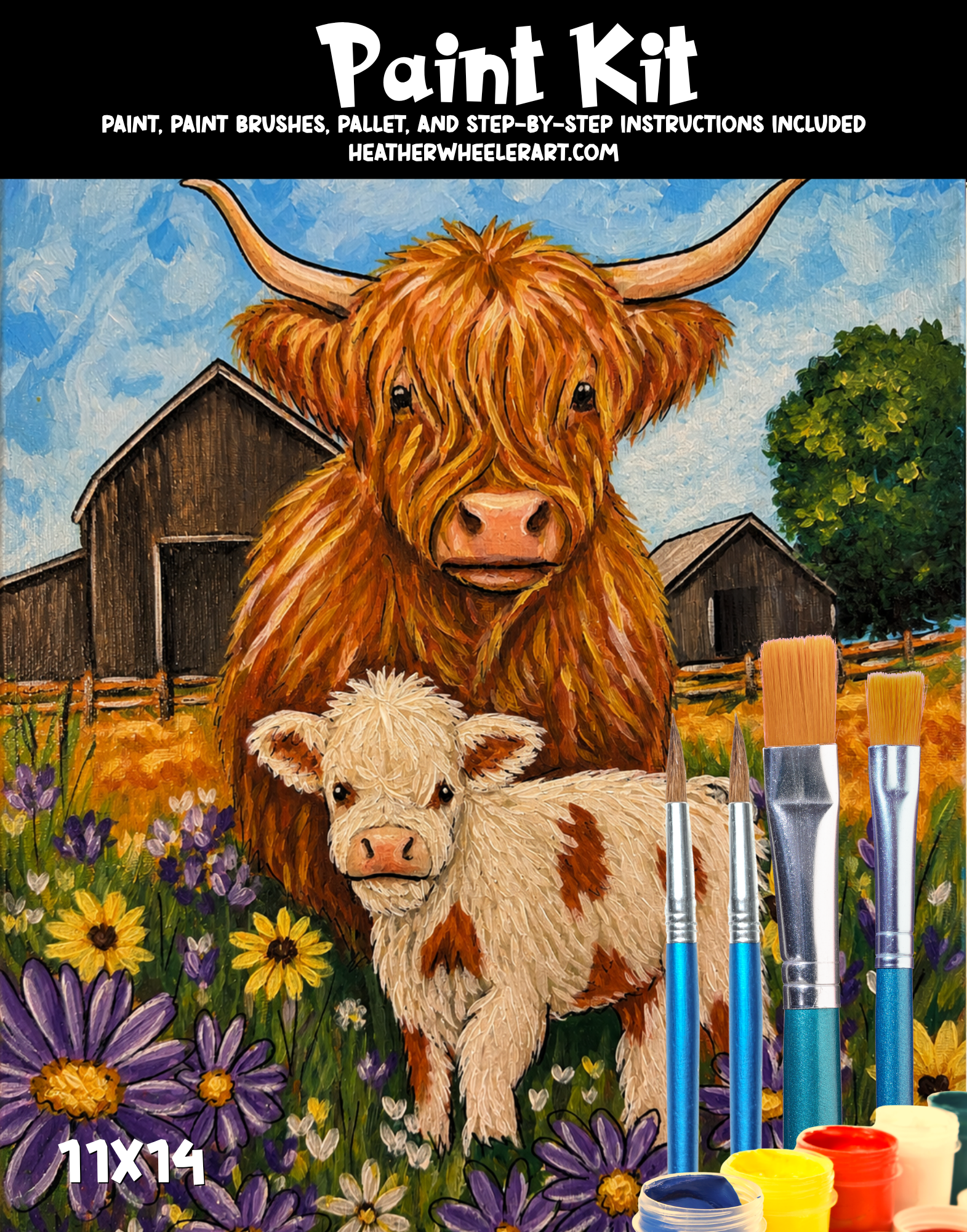 DIY Canvas Painting Kit Highland Cow and Calf - Canvas Original