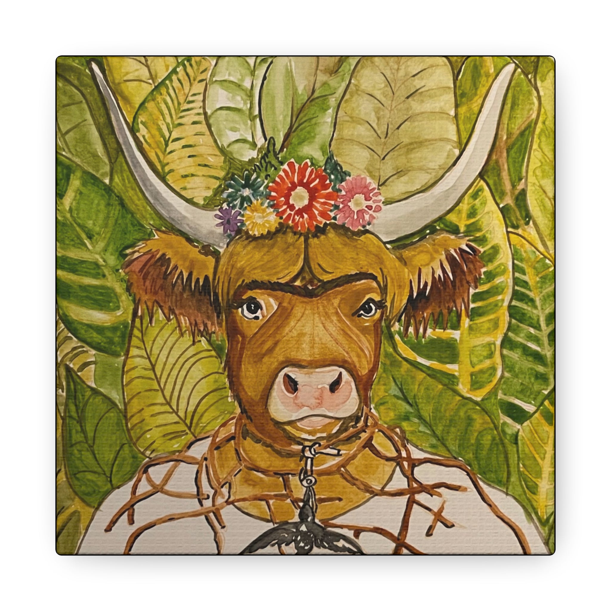 Art: Freida COW-lo Canvas Gallery Wrap - Floral Decor for Art and Cow Lovers