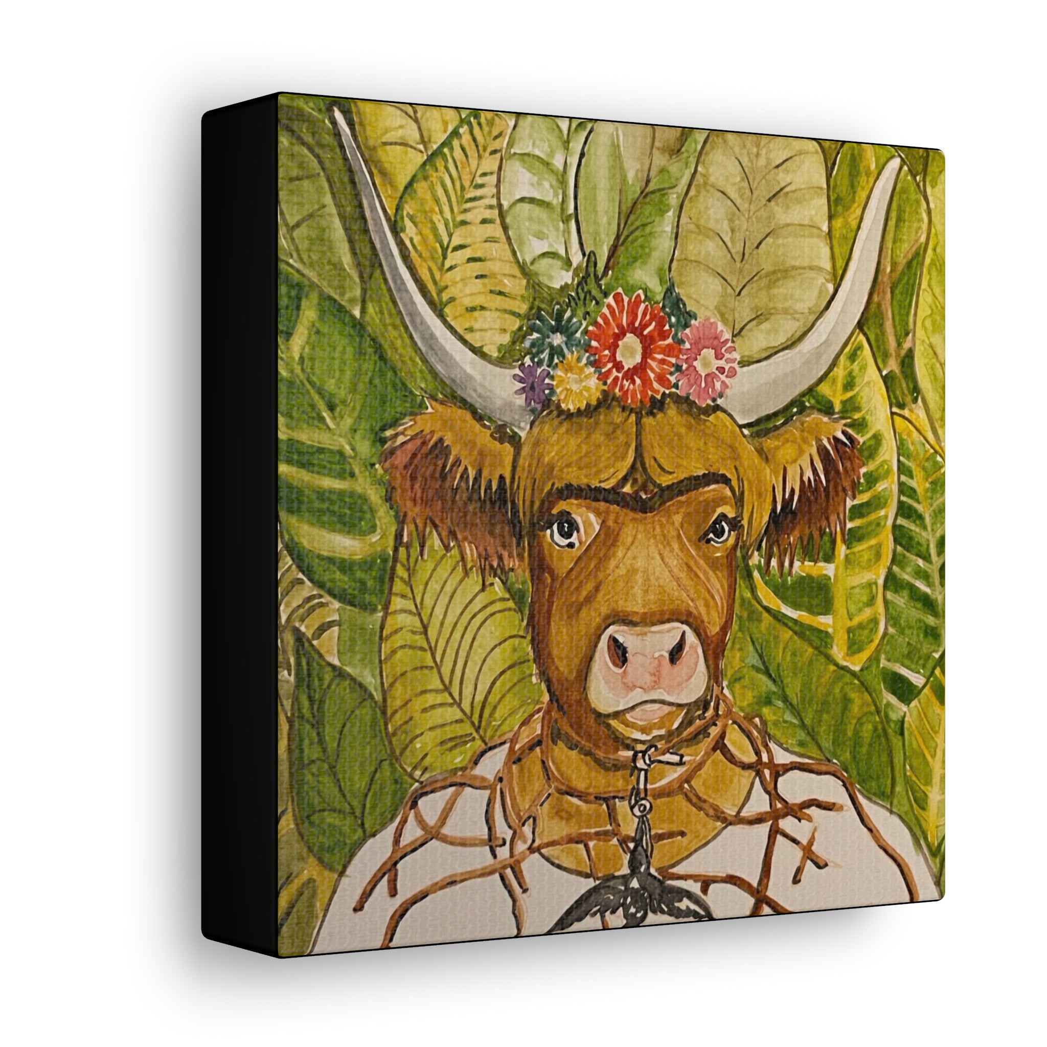 Art: Freida COW-lo Canvas Gallery Wrap - Floral Decor for Art and Cow Lovers