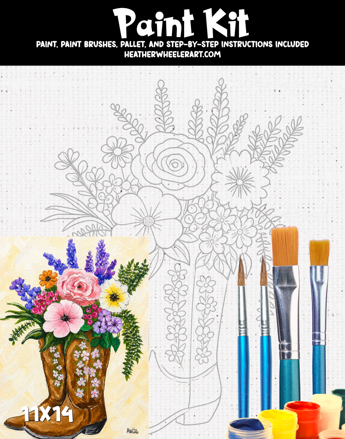 DIY Canvas Painting Kit Cowboy Boot with flowers - Canvas Original