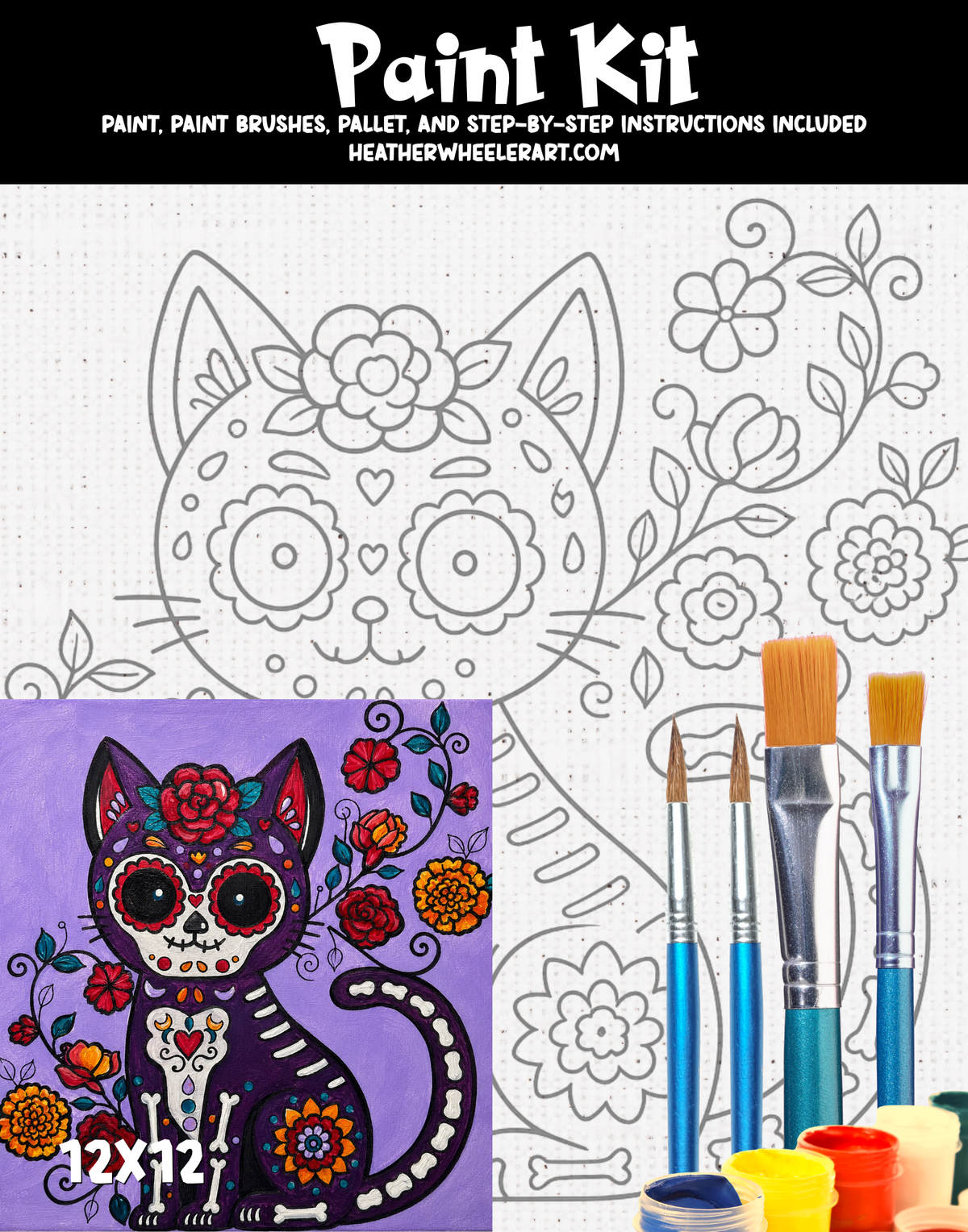 DIY Canvas Painting Kit Sugar Skull Cat - Canvas Original