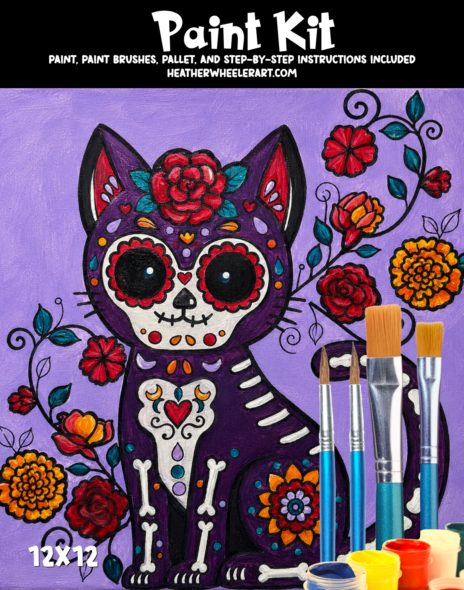 DIY Canvas Painting Kit Sugar Skull Cat - Canvas Original