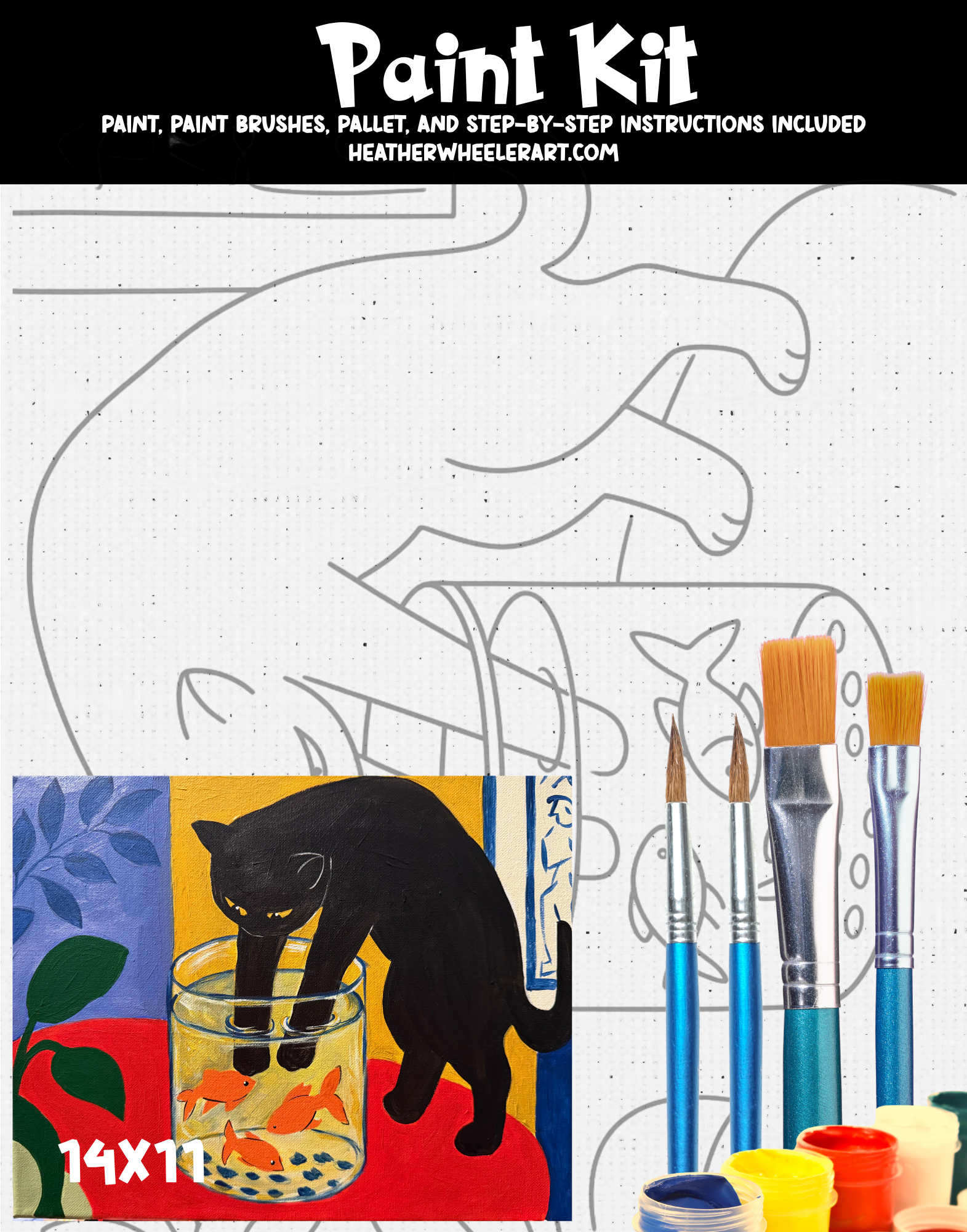 DIY Canvas Painting Kit Cat with Goldfish - Canvas Original