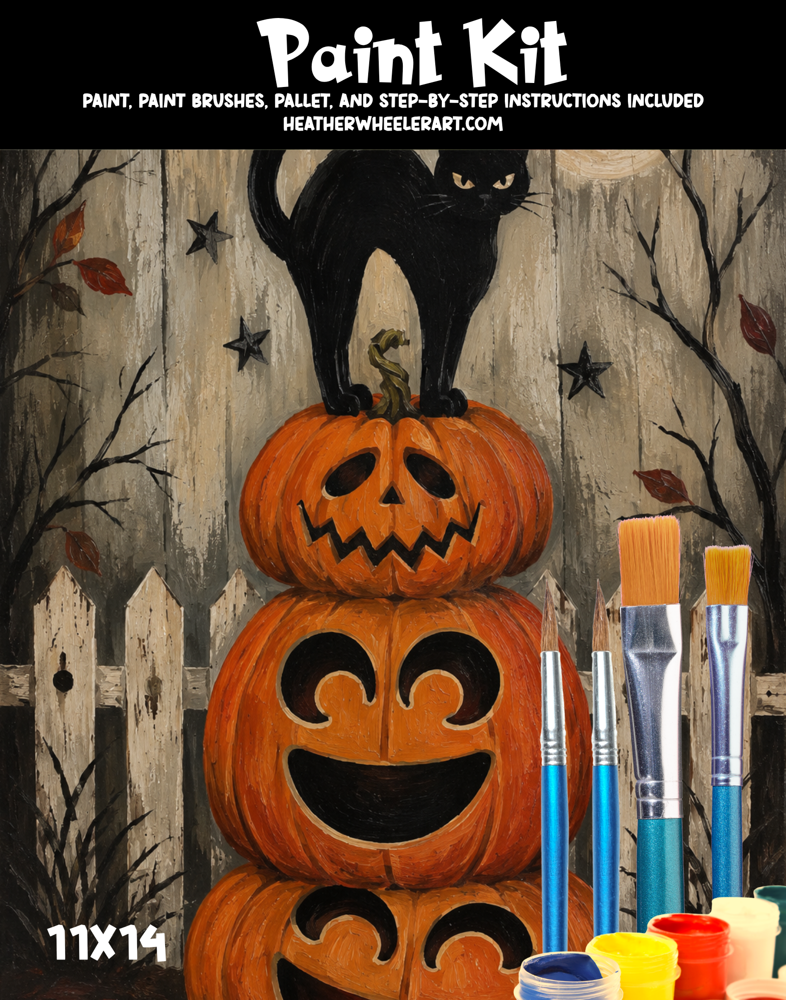 DIY Canvas Painting Kit Cats on Stacked Pumpkins - Canvas Original