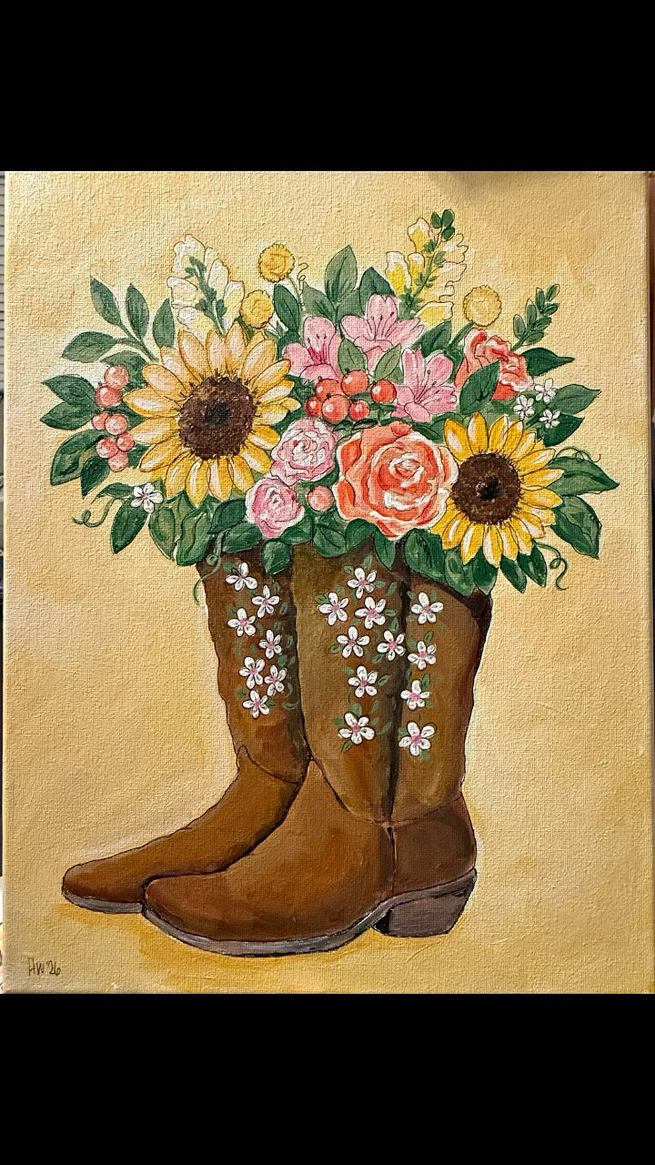 DIY Canvas Painting Kit Cowgirl Boots with flowers