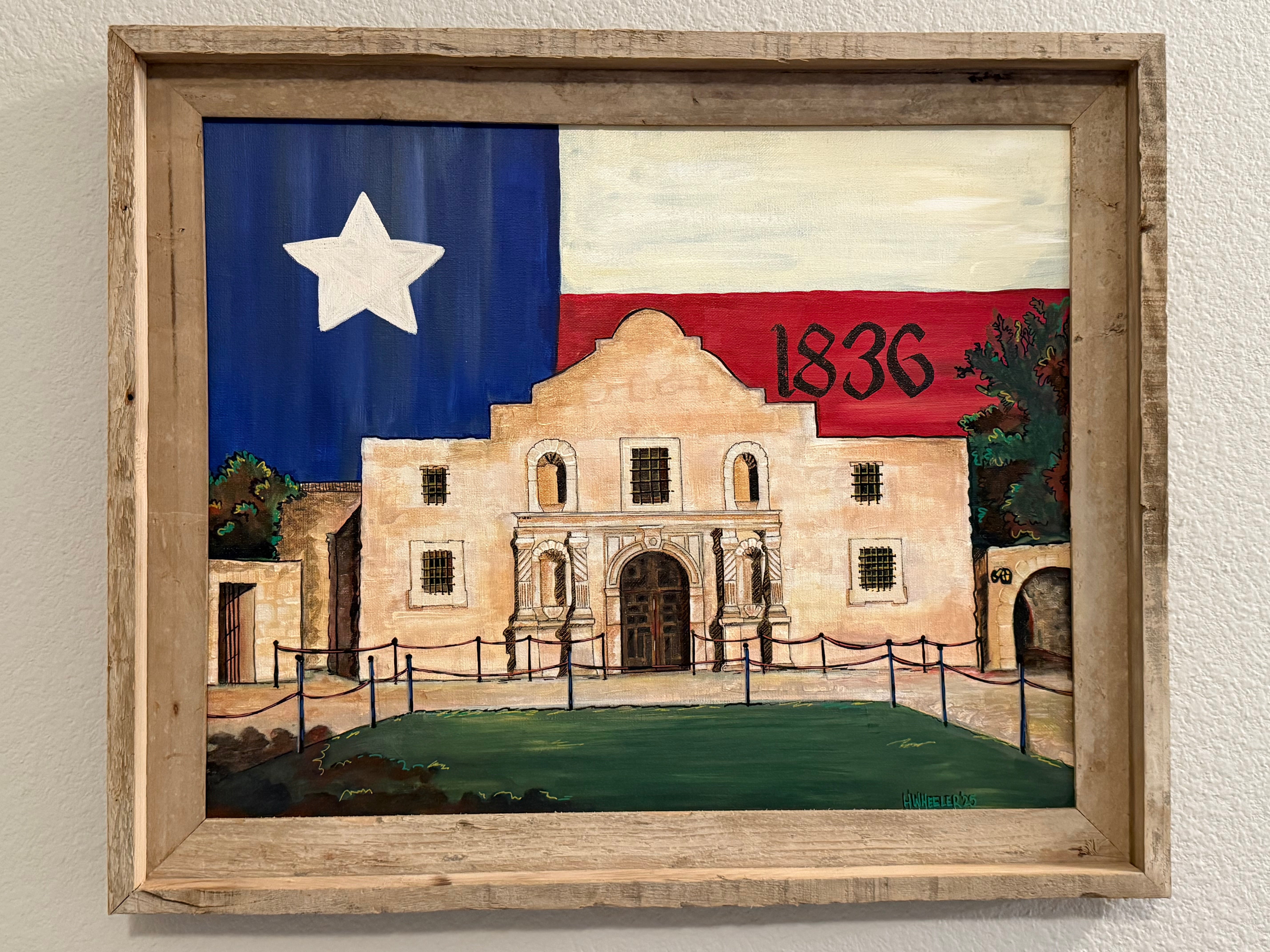 An Original: 18”x24”Framed Alamo with Texas Flag in Acrylic
