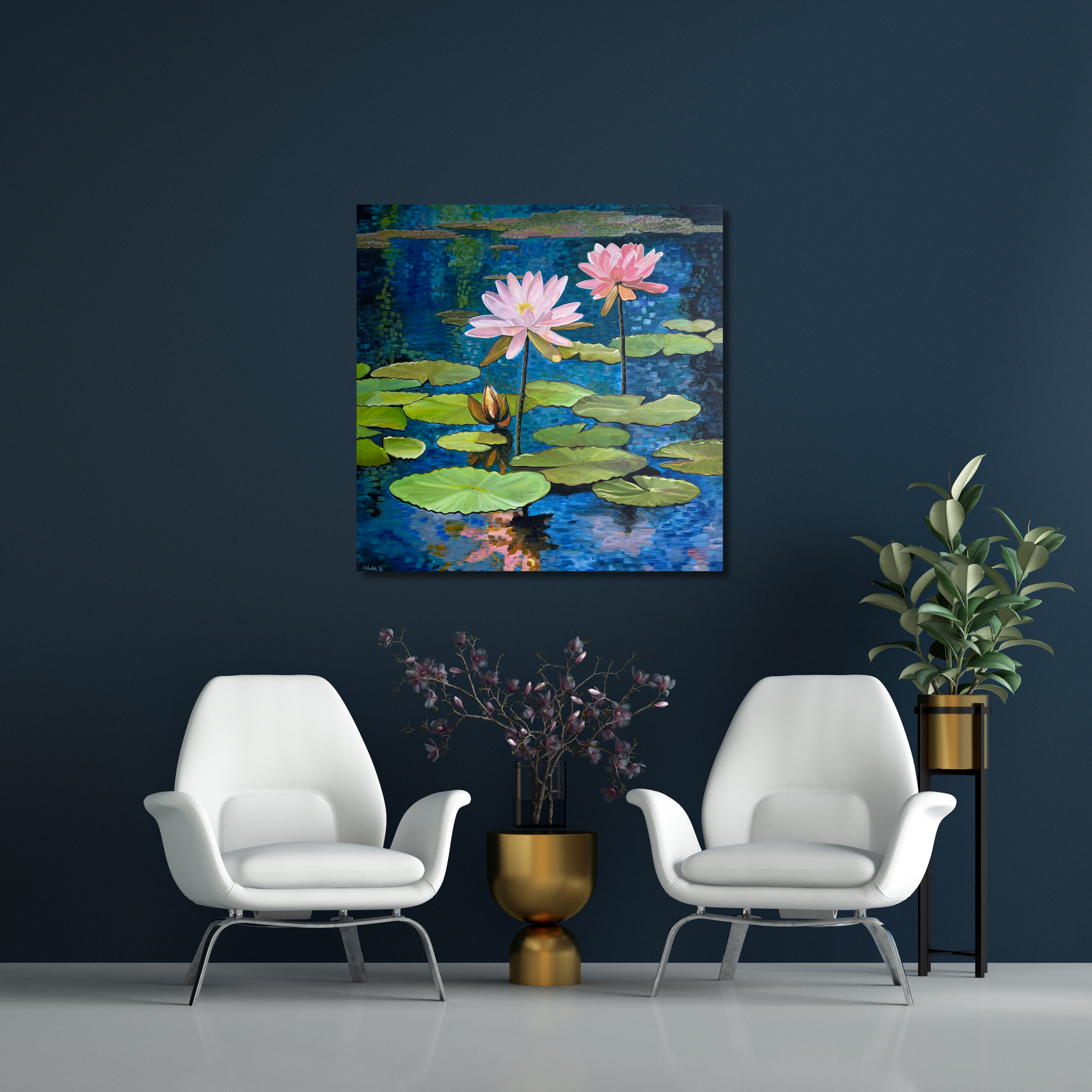 An Original: 36”x36” Pink Lotus Flowers Acrylic on Canvas