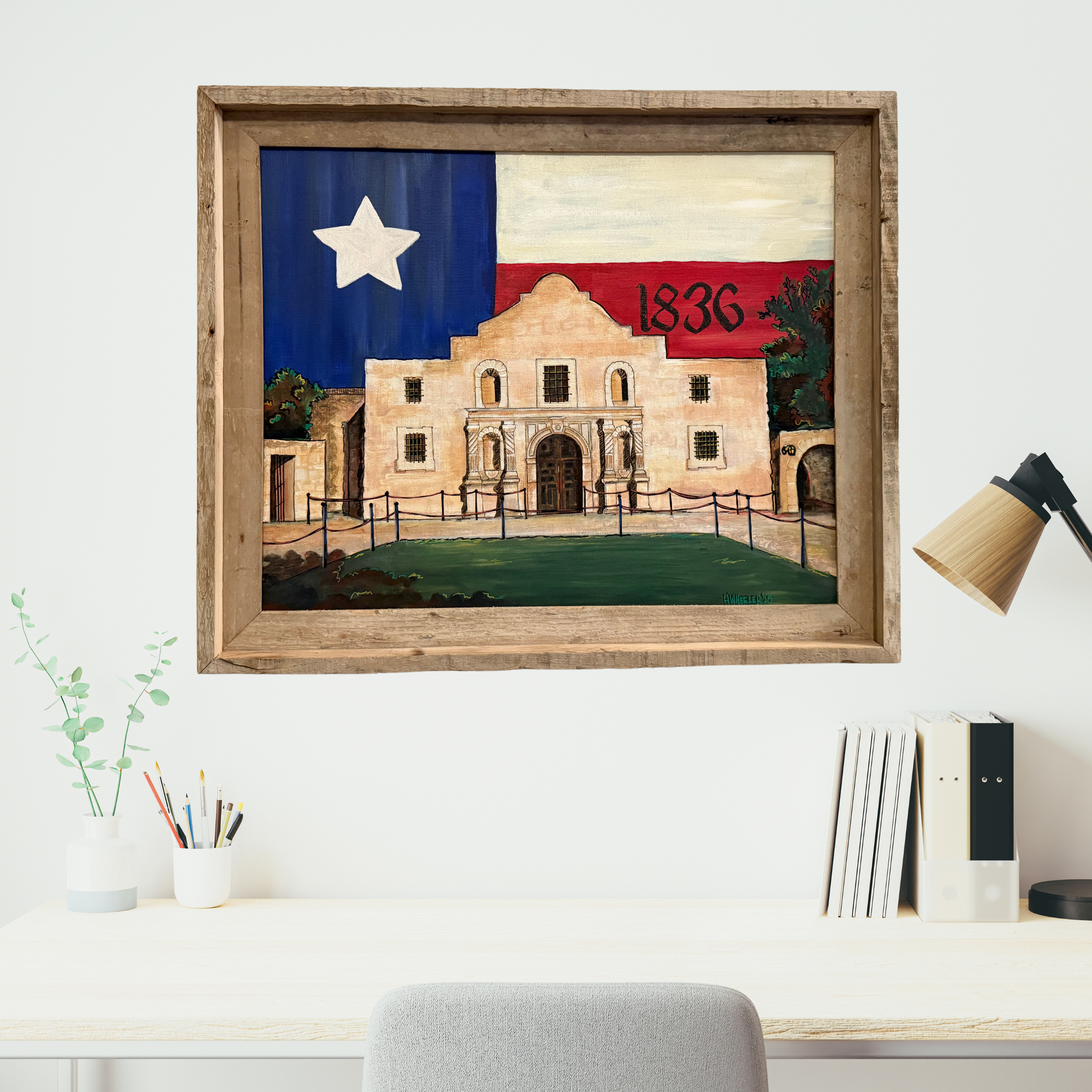 An Original: 18”x24”Framed Alamo with Texas Flag in Acrylic