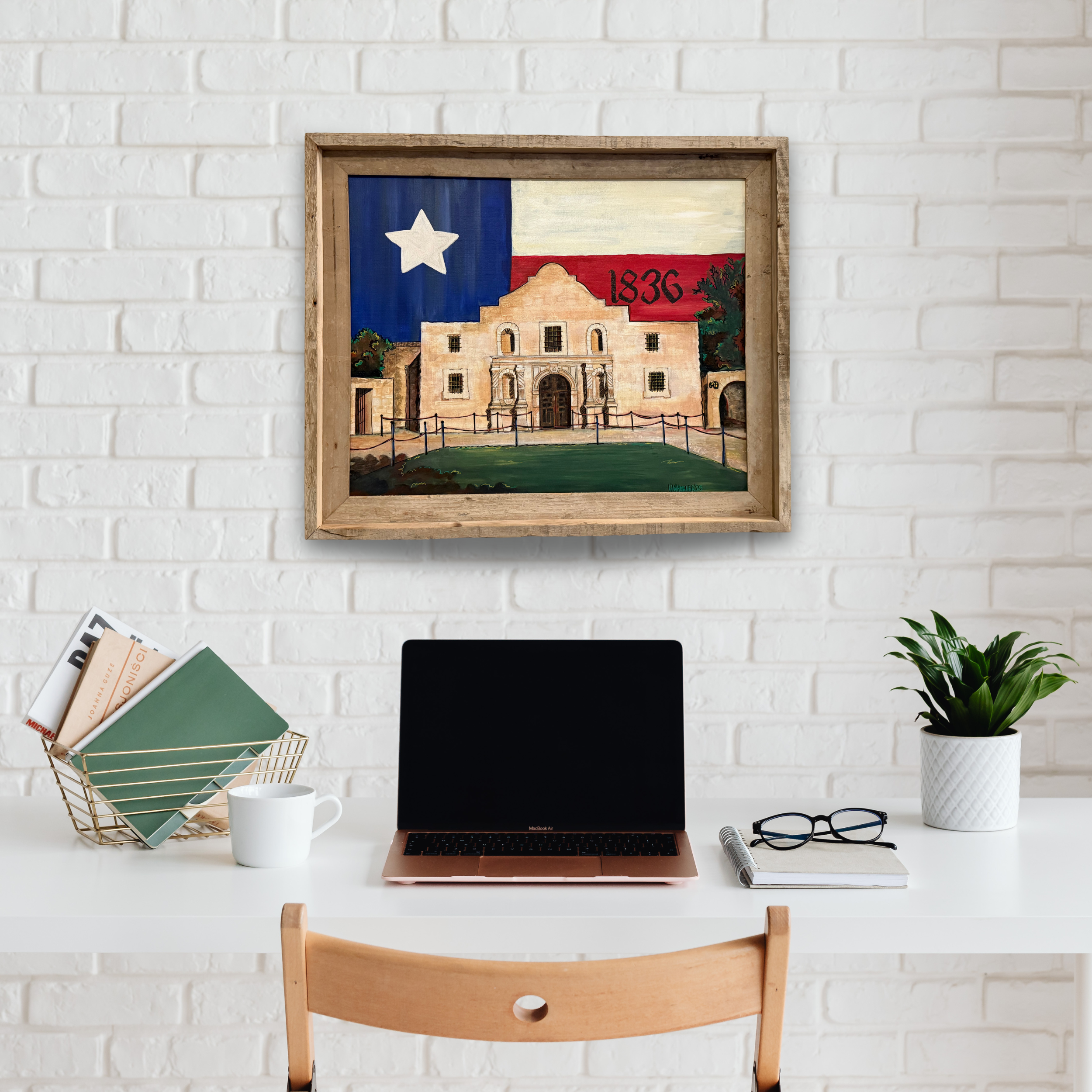 An Original: 18”x24”Framed Alamo with Texas Flag in Acrylic
