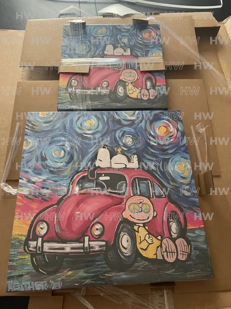 An Original: 12”x12” Starry Night Peace Love and my Bug - Canvas Original
