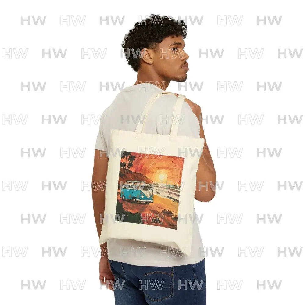 Tote Bag: Van by the Ocean Cotton Canvas Tote - Natural / 15’’ x 16’’ - Bags